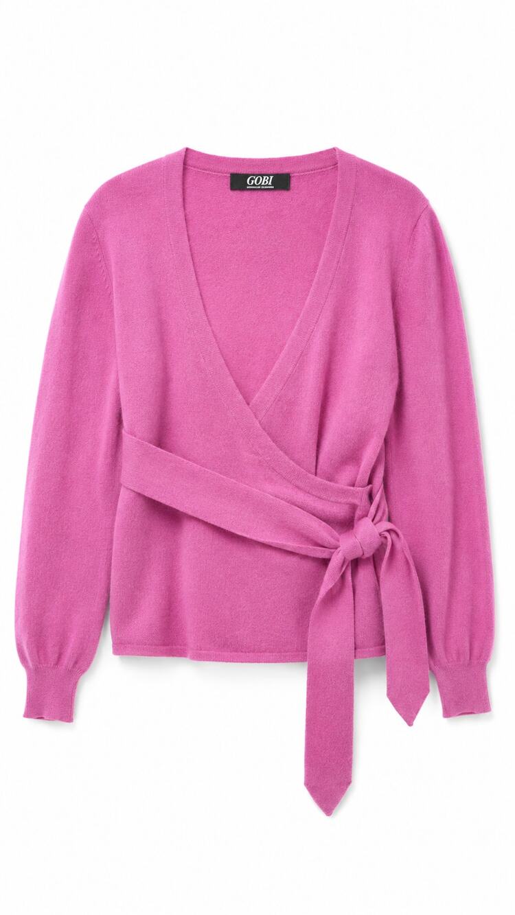 GOBI Cashmere 100% Cashmere Wrap Cardigan with Tie Belt, Orchid Pink, Size S